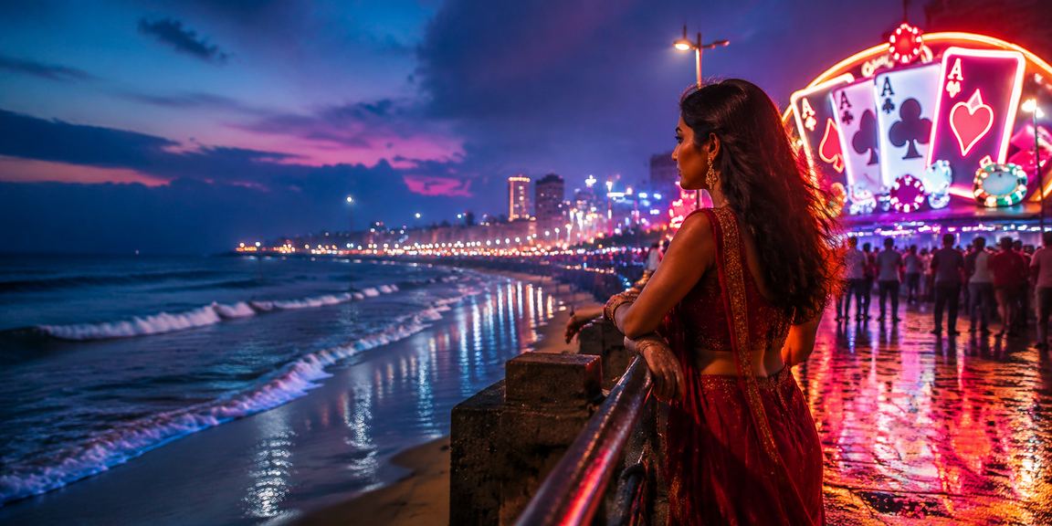 Evening neon lights of Chennai Marina Beach with Teen Patti game