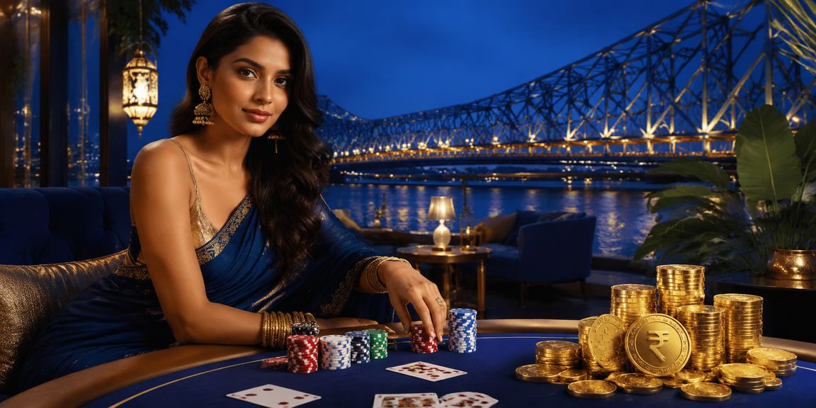 Vibrant Kolkata Howrah Bridge poker game with Indian rupees